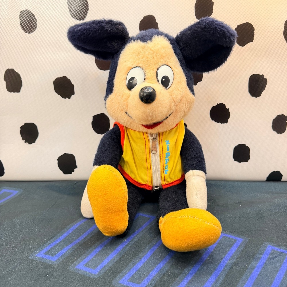 Vintage 1970s Knickerbocker Disney Zipper Mouse Plush Stuffed Yellow Vest 15"